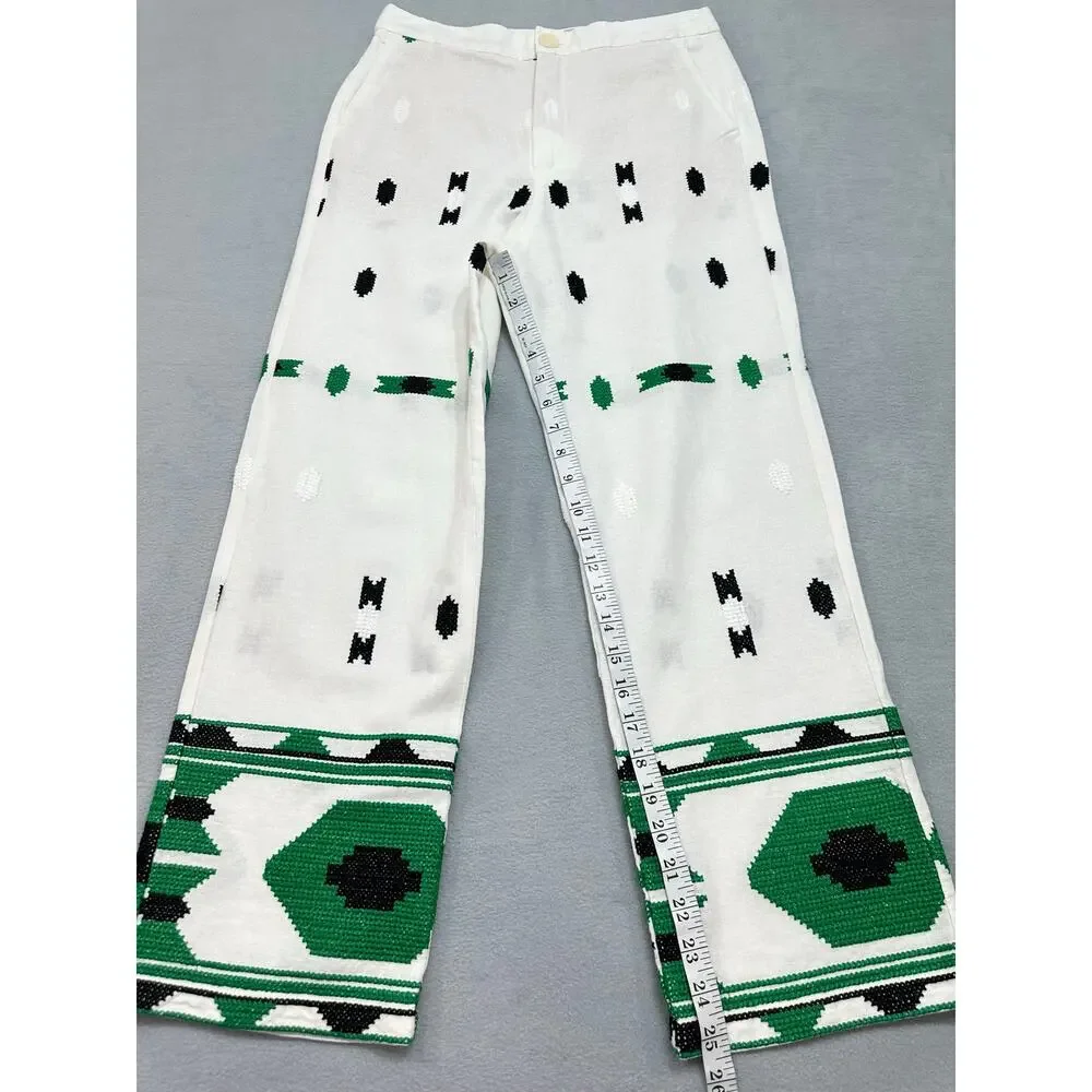 Zara Embroidered Linen Blend Geometric Pants White Green Black M